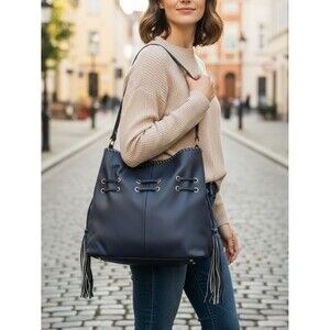 Stylish Navy Drawstring Tote Bag with Tassels